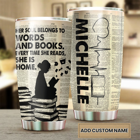 Camellia Personalized Her Soul Belongs To Words Stainless Steel Tumbler - Double-Walled Insulation Vacumm Flask - Gift For Book Lovers, Nerd, International Book Day