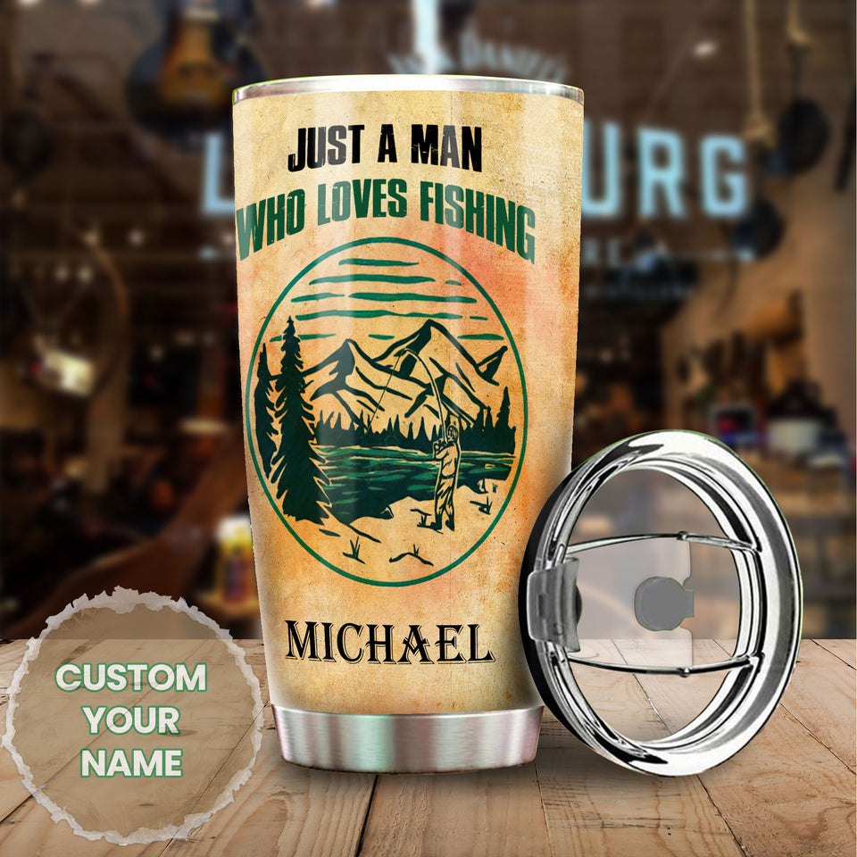 Camellia Personalized Just A Man Who Loves Fishing Stainless Steel Tumbler - Customized Double-Walled Insulation Travel Thermal Cup With Lid Gift For Fisherman