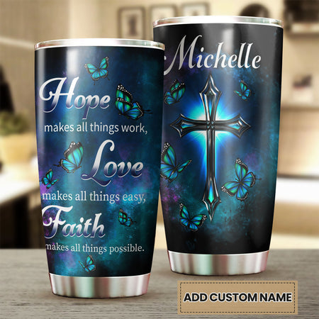 Camellia Personalized Blue Butterfly Live Love Faith Stainless Steel Tumbler - Double-Walled Insulation Vacumm Flask - Gift For Thanksgiving, Memorial Day