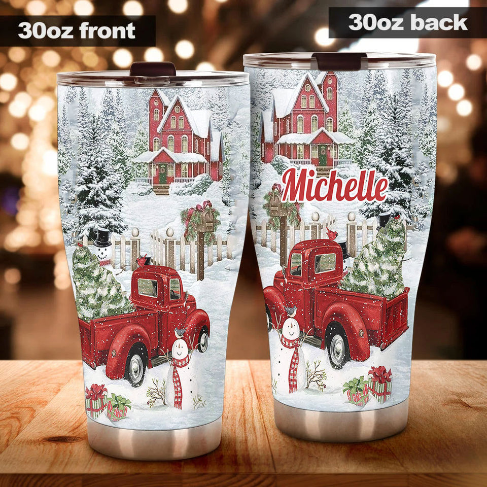 Camellia Personalized Christmas Scene Stainless Steel Tumbler - Customized Double-Walled Insulation Travel Thermal Cup With Lid