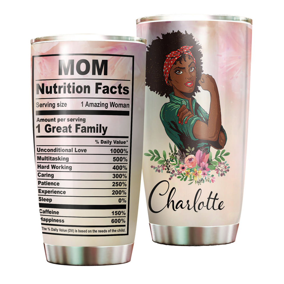 Camellia Personalized Black Mom Fact Stainless Steel Tumbler - Double-Walled Insulation Vacumm Flask - Gift For Black Queen, International Women's Day, Hippie Girls