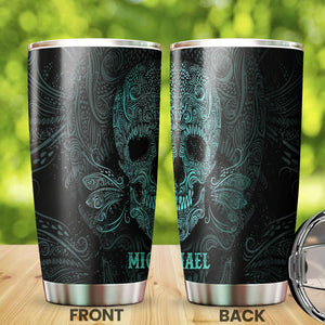 Camellia Personalized Blue Polynesian Skull Stainless Steel Tumbler - Double-Walled Insulation Vacumm Flask - For Halloween Gift, Skull Fans