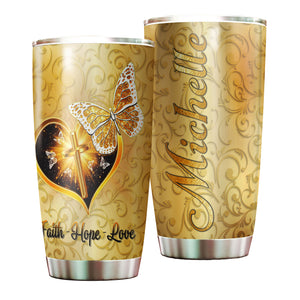 Camellia Personalized Golden Butterfly Cross Faith Hope Love Stainless Steel Tumbler - Customized Double-Walled Insulation Travel Thermal Cup With Lid Gift For Christian