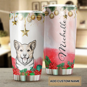 Camellia Personalized Christmas Corgi Art Stainless Steel Tumbler - Customized Double-Walled Insulation Travel Thermal Cup With Lid Gift For Dog Lover