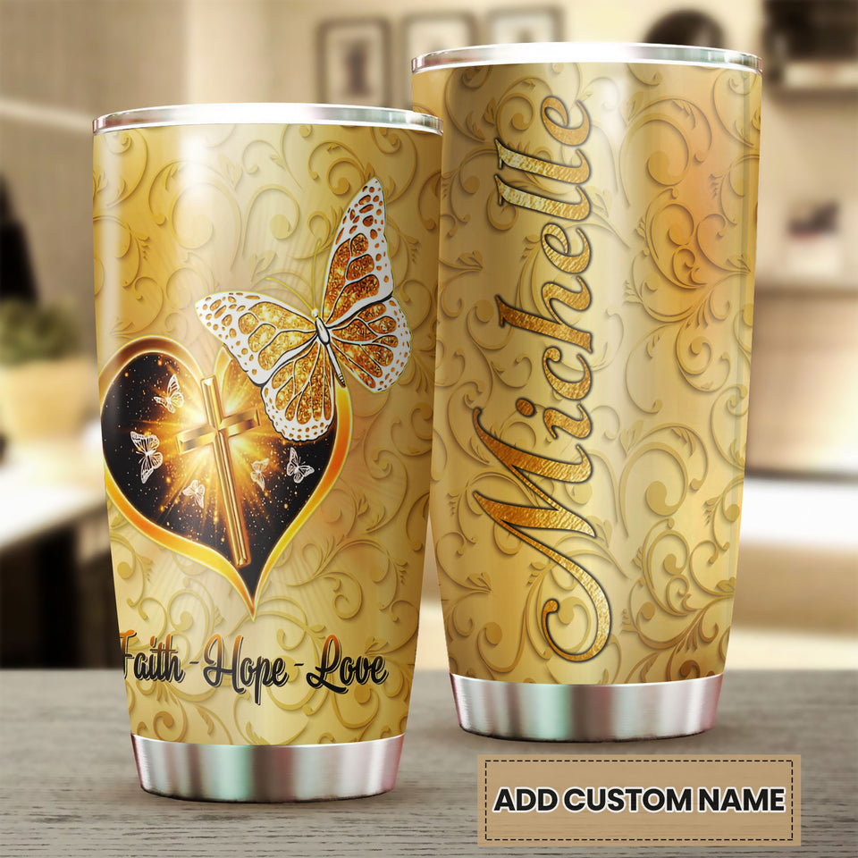 Camellia Personalized Golden Butterfly Cross Faith Hope Love Stainless Steel Tumbler - Customized Double-Walled Insulation Travel Thermal Cup With Lid Gift For Christian