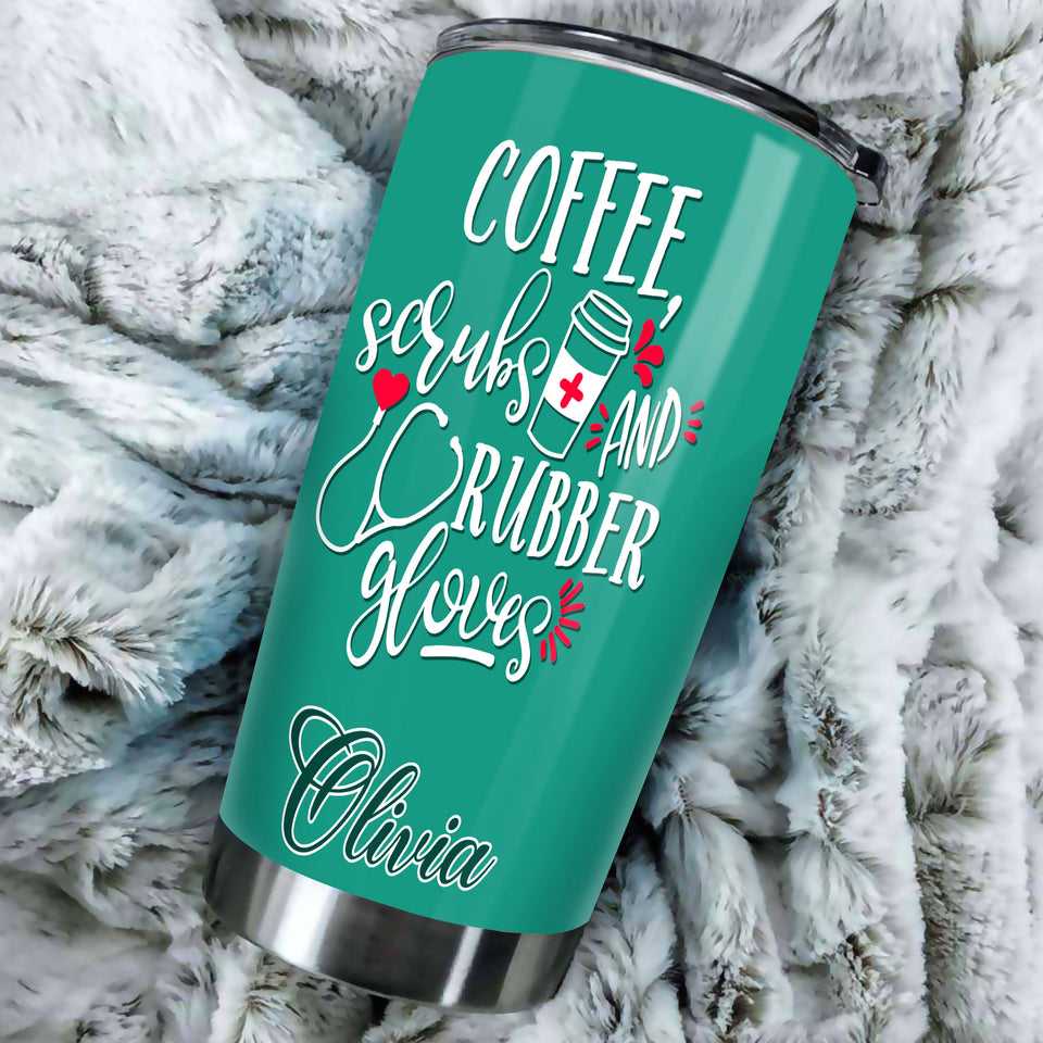 Camellia Personalized Nurse Coffee Grubs And Rubbers Gloves Stainless Steel Tumbler - Customized Double-Walled Insulation Travel Thermal Cup With Lid Gift For Nurse Coffee Lover