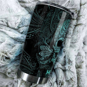 Camellia Personalized Blue Polynesian Skull Stainless Steel Tumbler - Double-Walled Insulation Vacumm Flask - For Halloween Gift, Skull Fans