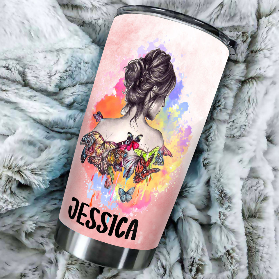 Camellia Personalized Butterfly Hippie Girl Stainless Steel Tumbler - Double-Walled Insulation Vacumm Flask - For Thanksgiving, Memorial Day, Christmas Gift