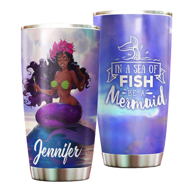 Camellia Personalized Black Mermaid Stainless Steel Tumbler - Double-Walled Insulation Vacumm Flask - Gift For Black Queen, International Women's Day, Hippie Girls