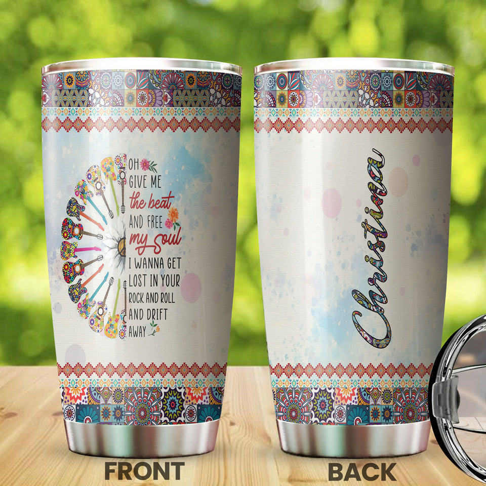 Camellia Personalized Hippie Guitarist Give Me The Beat And Free My Soul Stainless Steel Tumbler-Double-Walled Insulation Travel Cup With Lid Gift For Guitar Player