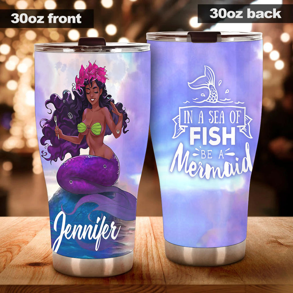 Camellia Personalized Black Mermaid Stainless Steel Tumbler - Double-Walled Insulation Vacumm Flask - Gift For Black Queen, International Women's Day, Hippie Girls