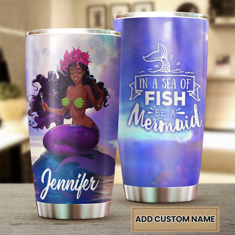 Camellia Personalized Black Mermaid Stainless Steel Tumbler - Double-Walled Insulation Vacumm Flask - Gift For Black Queen, International Women's Day, Hippie Girls