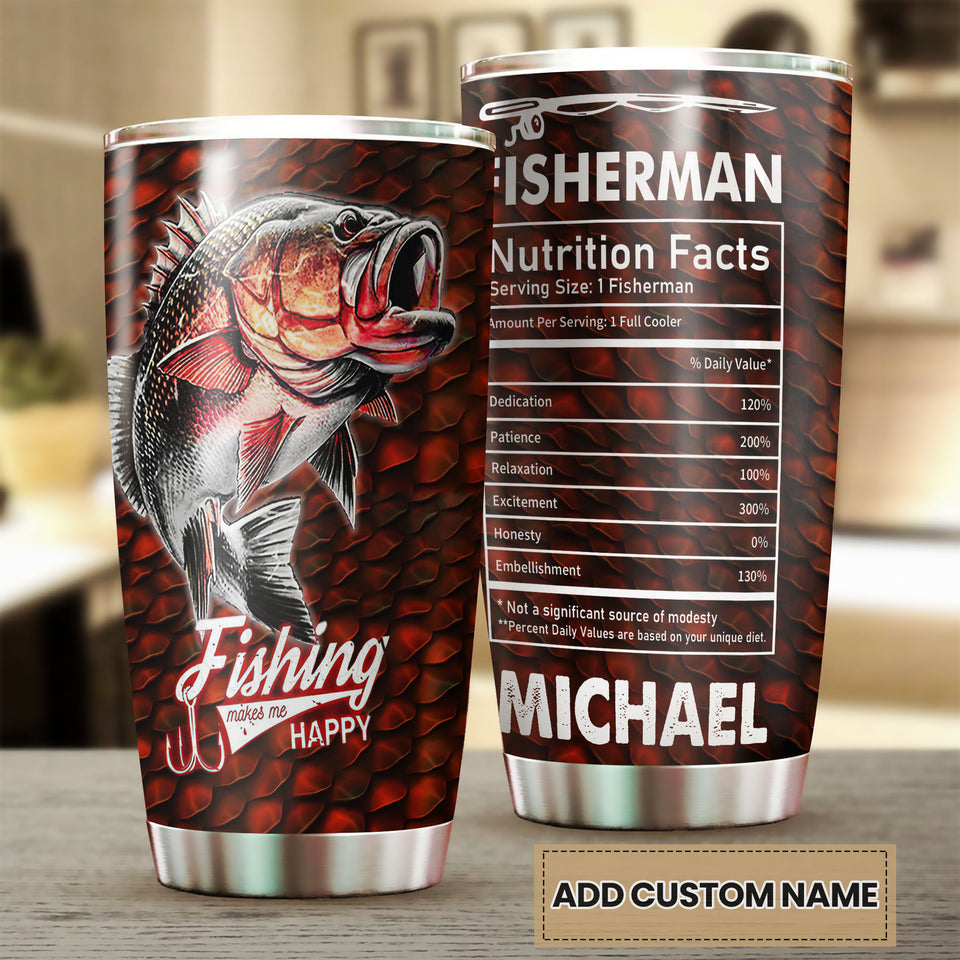Camellia Personalized Fishing Makes Me Happy Stainless Steel Tumbler - Customized Double-Walled Insulation Travel Thermal Cup With Lid Gift For Fisherman