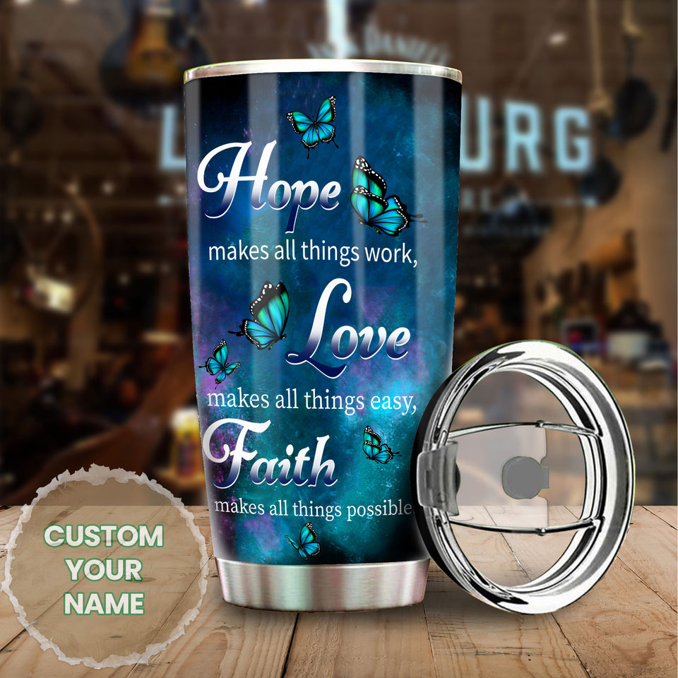 Camellia Personalized Blue Butterfly Live Love Faith Stainless Steel Tumbler - Double-Walled Insulation Vacumm Flask - Gift For Thanksgiving, Memorial Day