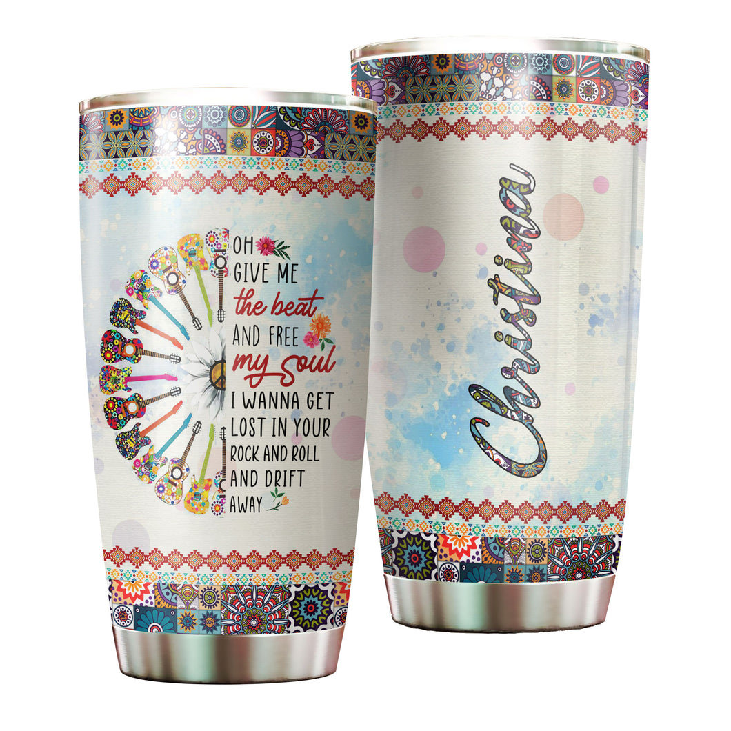 Camellia Personalized Hippie Guitarist Give Me The Beat And Free My Soul Stainless Steel Tumbler-Double-Walled Insulation Travel Cup With Lid Gift For Guitar Player