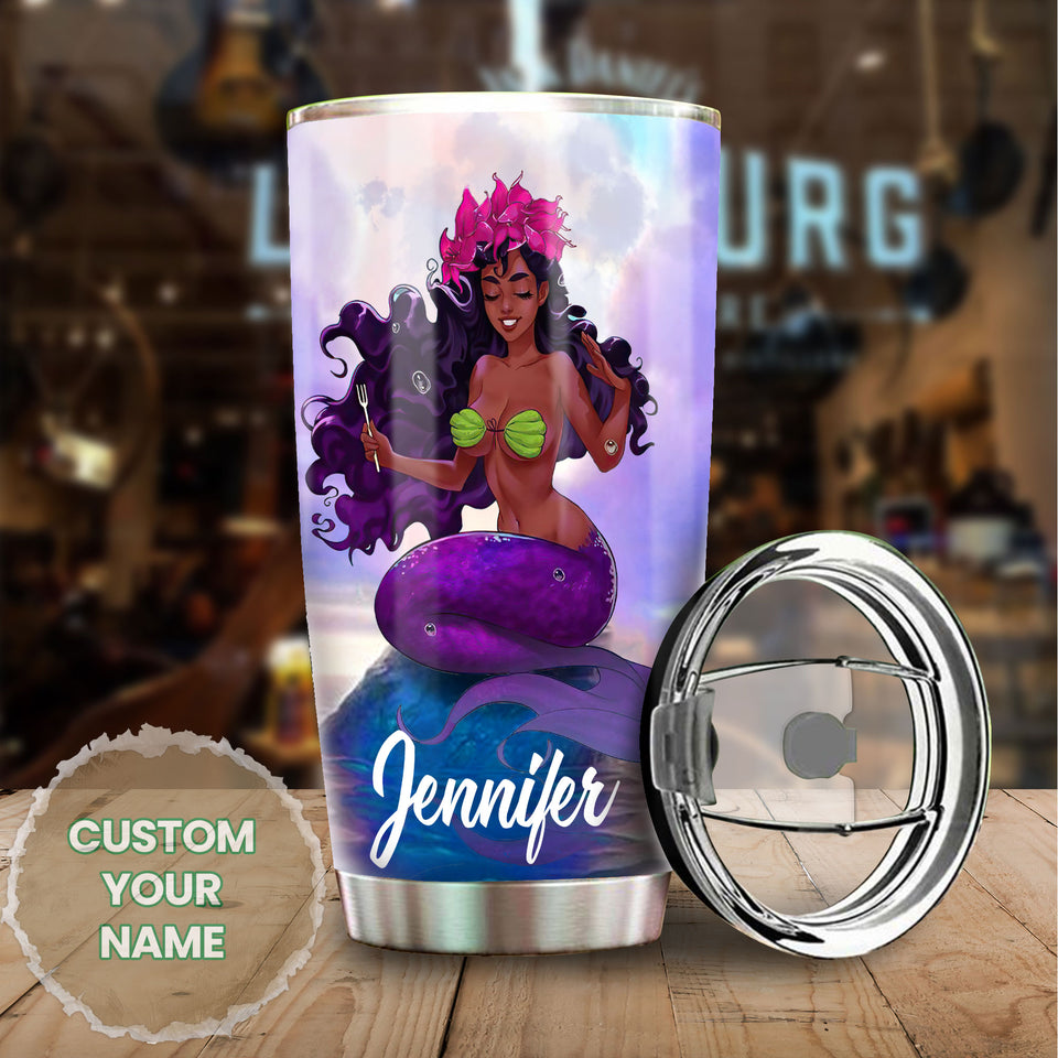 Camellia Personalized Black Mermaid Stainless Steel Tumbler - Double-Walled Insulation Vacumm Flask - Gift For Black Queen, International Women's Day, Hippie Girls