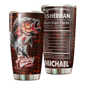 Camellia Personalized Fishing Makes Me Happy Stainless Steel Tumbler - Customized Double-Walled Insulation Travel Thermal Cup With Lid Gift For Fisherman