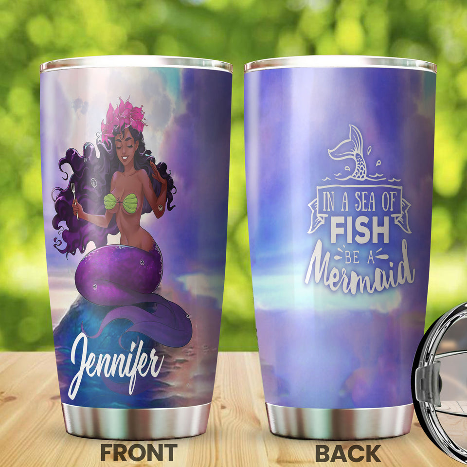 Camellia Personalized Black Mermaid Stainless Steel Tumbler - Double-Walled Insulation Vacumm Flask - Gift For Black Queen, International Women's Day, Hippie Girls