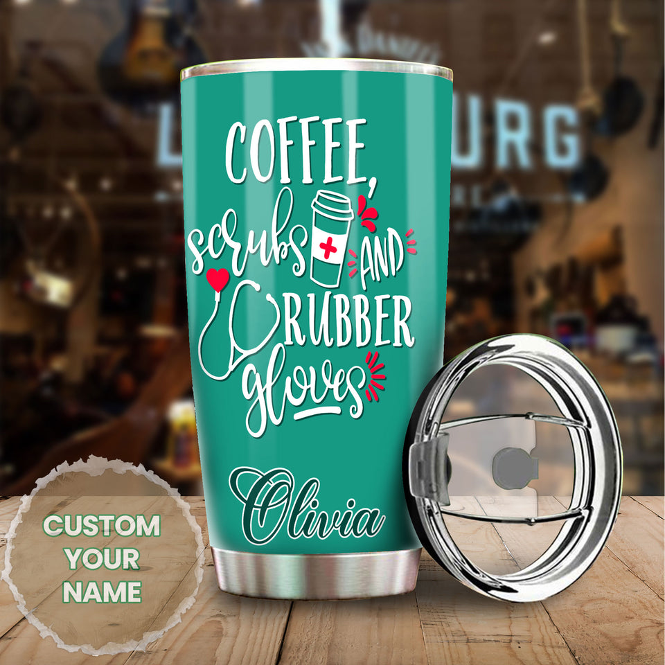 Camellia Personalized Nurse Coffee Grubs And Rubbers Gloves Stainless Steel Tumbler - Customized Double-Walled Insulation Travel Thermal Cup With Lid Gift For Nurse Coffee Lover