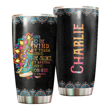 Camellia Personalized Hippie Girl Listen To The wind To The Silence Stainless Steel Tumbler-Sweat-Proof Double Wall Travel Cup With Lid