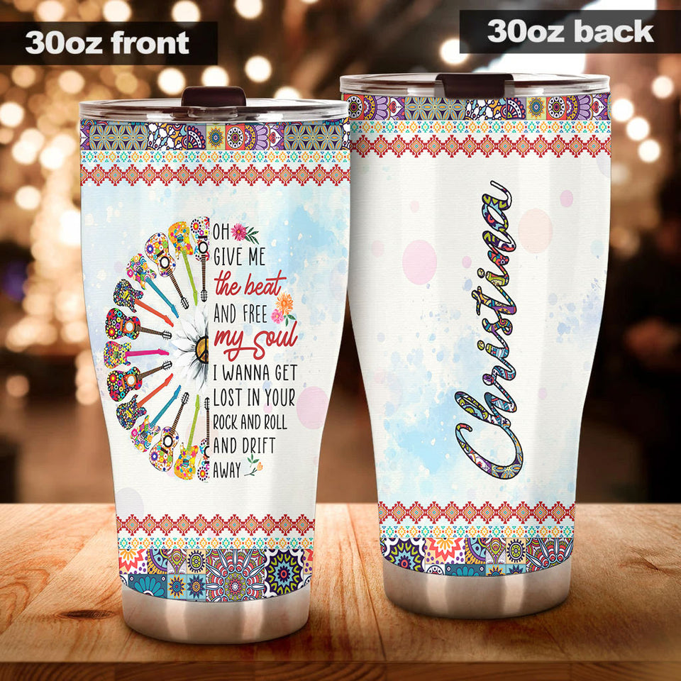Camellia Personalized Hippie Guitarist Give Me The Beat And Free My Soul Stainless Steel Tumbler-Double-Walled Insulation Travel Cup With Lid Gift For Guitar Player