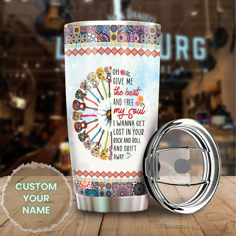 Camellia Personalized Hippie Guitarist Give Me The Beat And Free My Soul Stainless Steel Tumbler-Double-Walled Insulation Travel Cup With Lid Gift For Guitar Player
