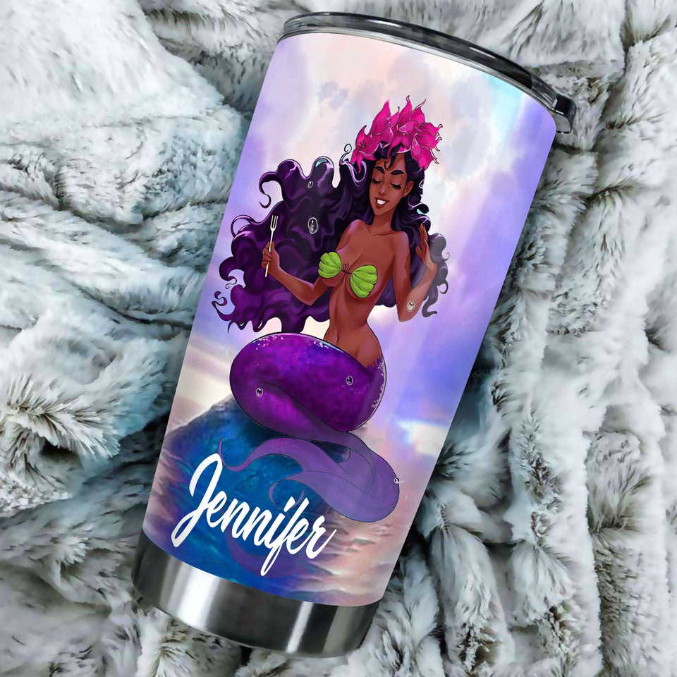 Camellia Personalized Black Mermaid Stainless Steel Tumbler - Double-Walled Insulation Vacumm Flask - Gift For Black Queen, International Women's Day, Hippie Girls