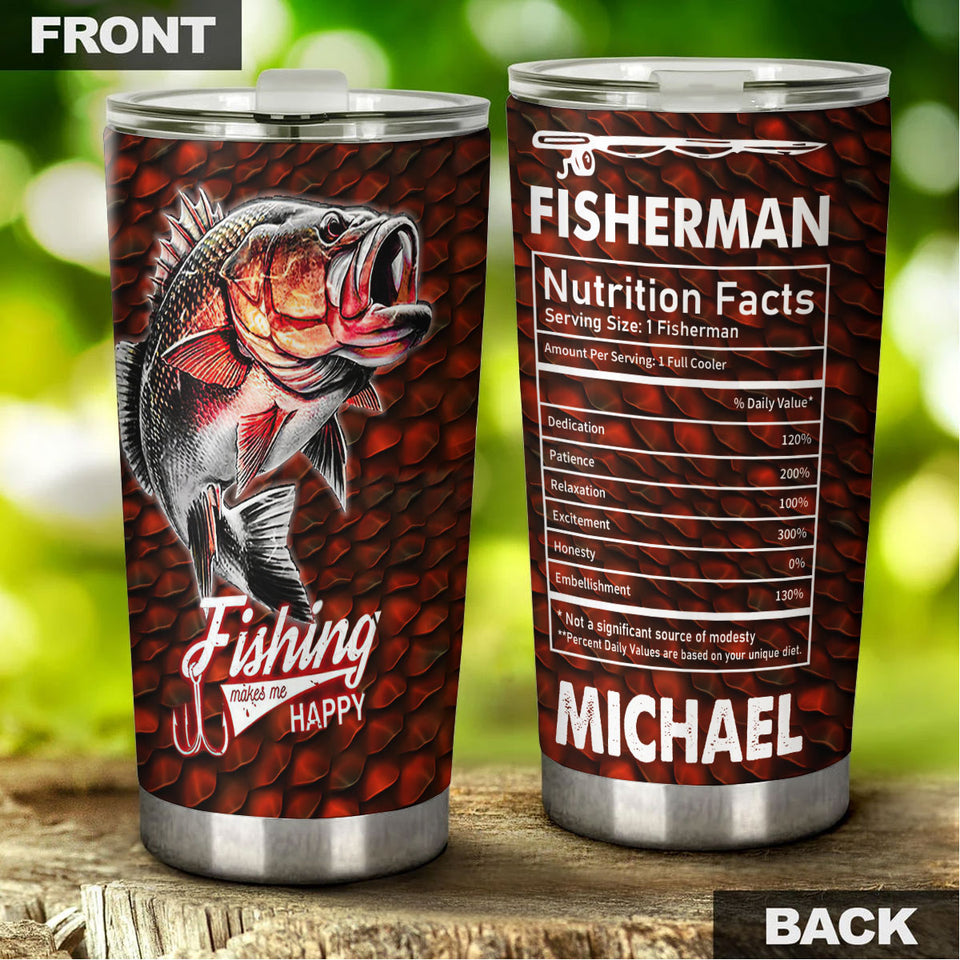 Camellia Personalized Fishing Makes Me Happy Stainless Steel Tumbler - Customized Double-Walled Insulation Travel Thermal Cup With Lid Gift For Fisherman