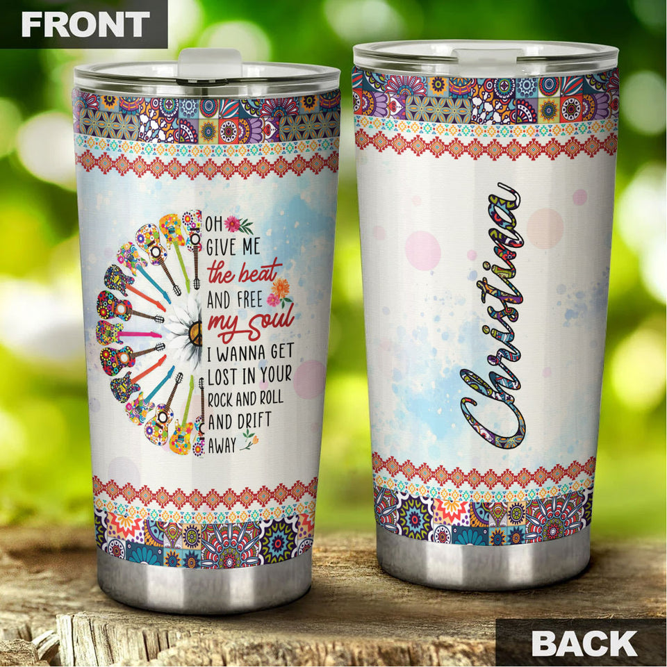 Camellia Personalized Hippie Guitarist Give Me The Beat And Free My Soul Stainless Steel Tumbler-Double-Walled Insulation Travel Cup With Lid Gift For Guitar Player
