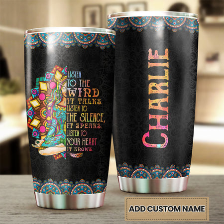Camellia Personalized Hippie Girl Listen To The wind To The Silence Stainless Steel Tumbler-Sweat-Proof Double Wall Travel Cup With Lid