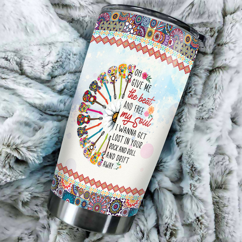 Camellia Personalized Hippie Guitarist Give Me The Beat And Free My Soul Stainless Steel Tumbler-Double-Walled Insulation Travel Cup With Lid Gift For Guitar Player