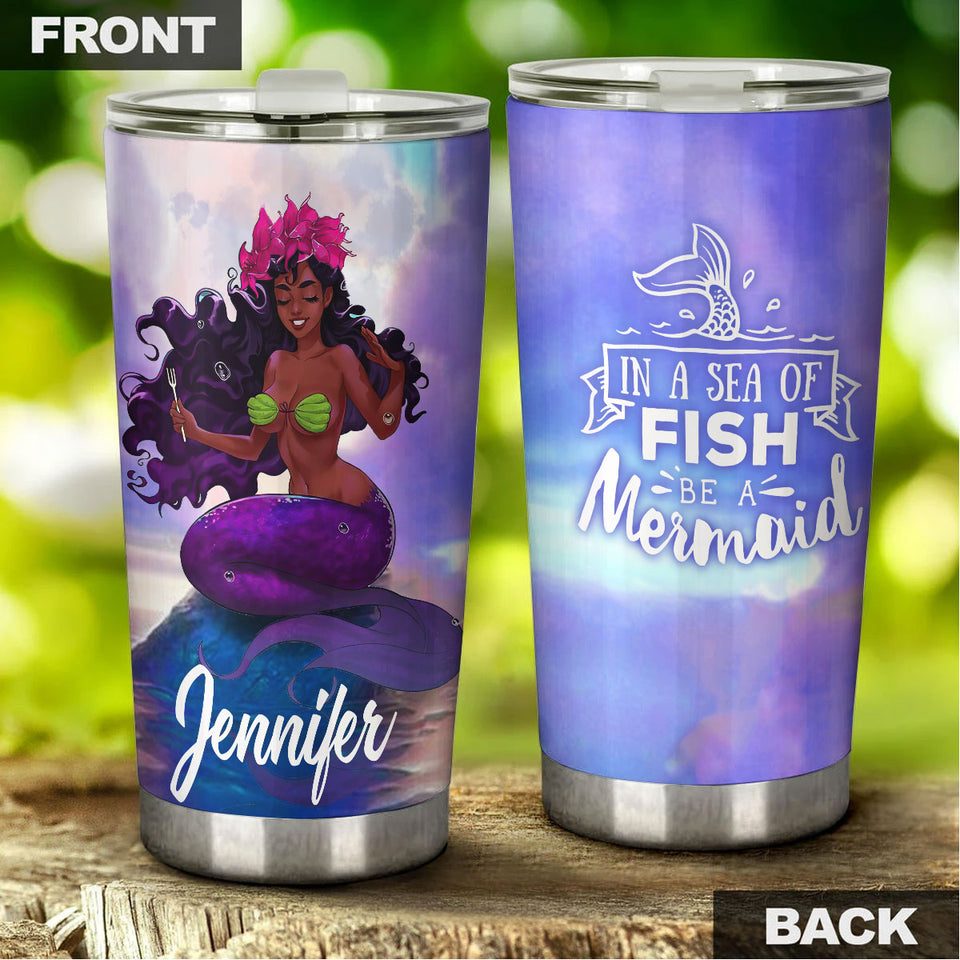 Camellia Personalized Black Mermaid Stainless Steel Tumbler - Double-Walled Insulation Vacumm Flask - Gift For Black Queen, International Women's Day, Hippie Girls