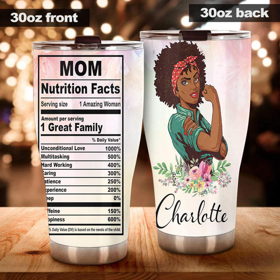 Camellia Personalized Black Mom Fact Stainless Steel Tumbler - Double-Walled Insulation Vacumm Flask - Gift For Black Queen, International Women's Day, Hippie Girls