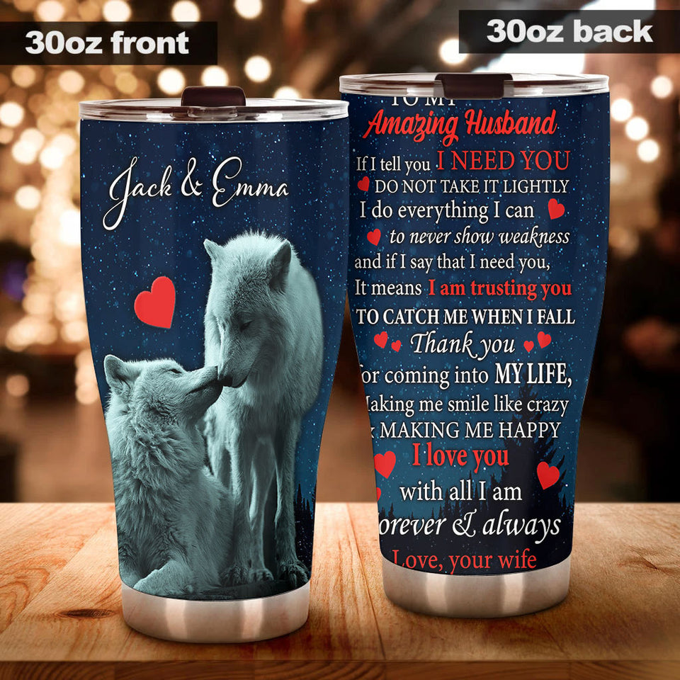 Camellia Persionalized 3D Wolf To My Husband I Love You With All I Am Forever And Always Stainless Steel Tumbler - Customized Double - Walled Insulation Travel Thermal Cup With Lid Gift For Couple Husband