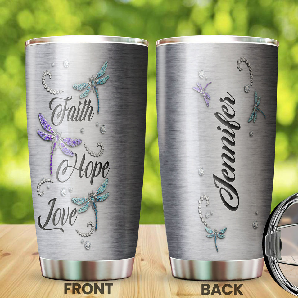 Camellia Personalized Dragonfly Faith Hope Love Stainless Steel Tumbler - Customized Double-Walled Insulation Travel Thermal Cup With Lid