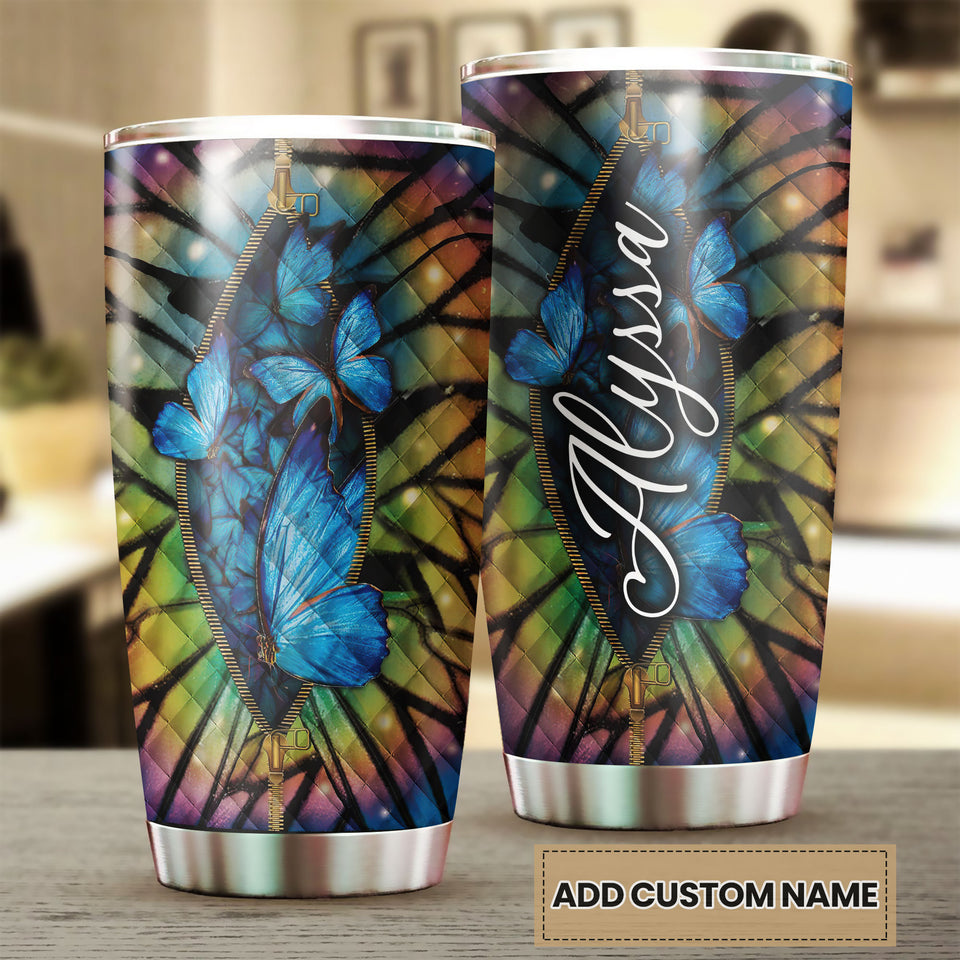 Camellia Personalized Butterfly Zipper Stainless Steel Tumbler - Double-Walled Insulation Vacumm Flask - For Thanksgiving, Memorial Day, Christians, Christmas Gift