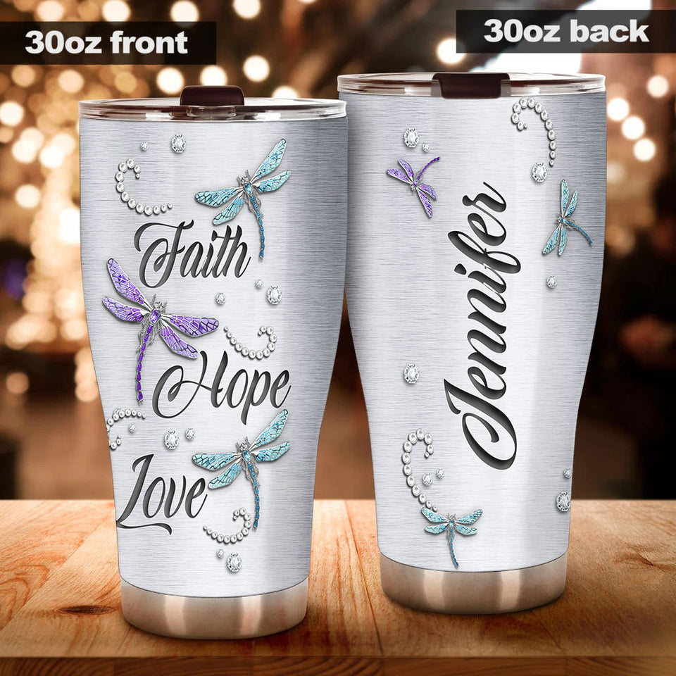 Camellia Personalized Dragonfly Faith Hope Love Stainless Steel Tumbler - Customized Double-Walled Insulation Travel Thermal Cup With Lid