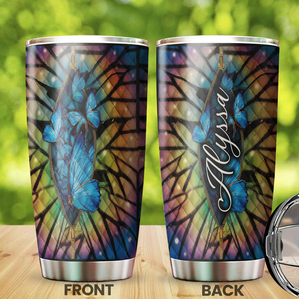 Camellia Personalized Butterfly Zipper Stainless Steel Tumbler - Double-Walled Insulation Vacumm Flask - For Thanksgiving, Memorial Day, Christians, Christmas Gift