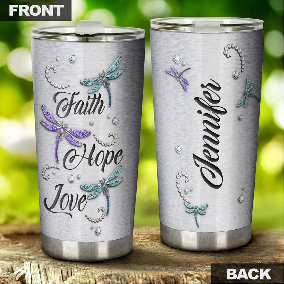 Camellia Personalized Dragonfly Faith Hope Love Stainless Steel Tumbler - Customized Double-Walled Insulation Travel Thermal Cup With Lid