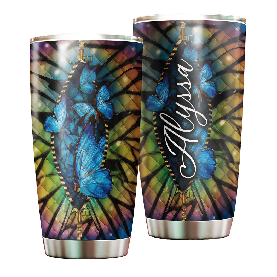 Camellia Personalized Butterfly Zipper Stainless Steel Tumbler - Double-Walled Insulation Vacumm Flask - For Thanksgiving, Memorial Day, Christians, Christmas Gift