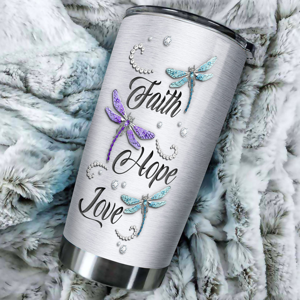 Camellia Personalized Dragonfly Faith Hope Love Stainless Steel Tumbler - Customized Double-Walled Insulation Travel Thermal Cup With Lid