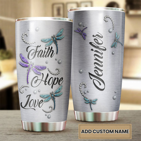 Camellia Personalized Dragonfly Faith Hope Love Stainless Steel Tumbler - Customized Double-Walled Insulation Travel Thermal Cup With Lid