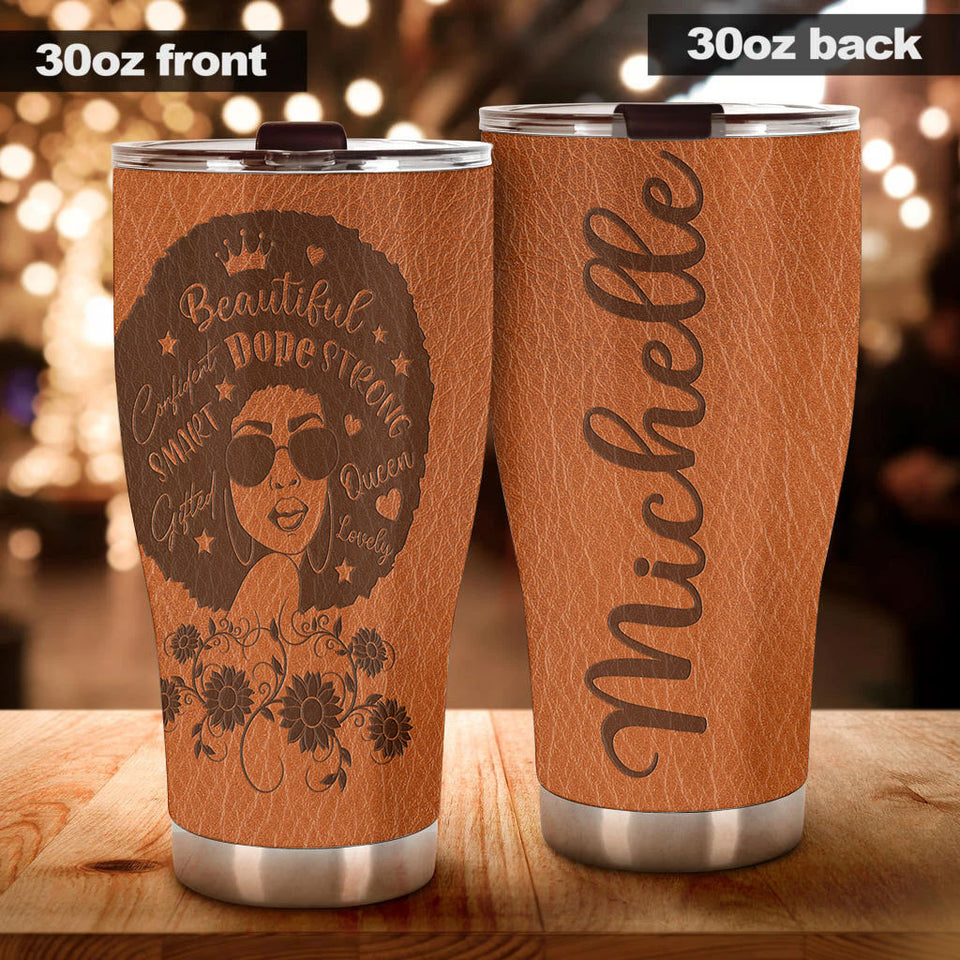Camellia Personalized Black Women Leather Style Stainless Steel Tumbler - Double-Walled Insulation Vacumm Flask - Gift For Black Queen, International Women's Day, Hippie Girls