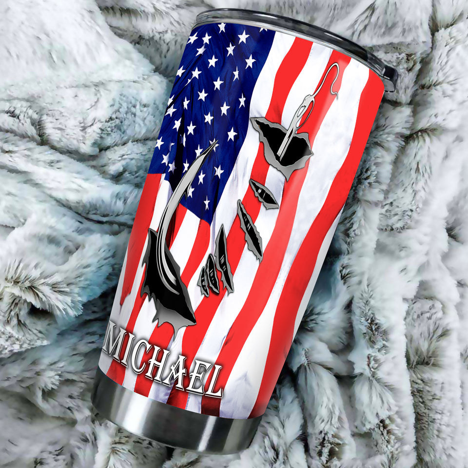 Camellia Personalized American Flag Fisherman Nutrition Fact Stainless Steel Tumbler - Customized Double-Walled Insulation Travel Thermal Cup With Lid