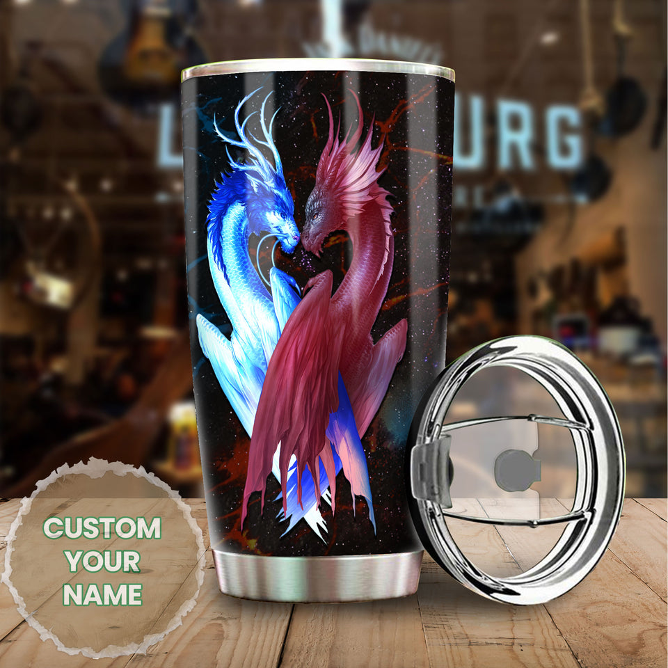 Camellia Personalized Dragon Couple Stainless Steel Tumbler - Customized Double-Walled Insulation Travel Thermal Cup With Lid Gift For Dragon Lover