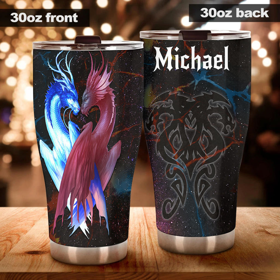 Camellia Personalized Dragon Couple Stainless Steel Tumbler - Customized Double-Walled Insulation Travel Thermal Cup With Lid Gift For Dragon Lover