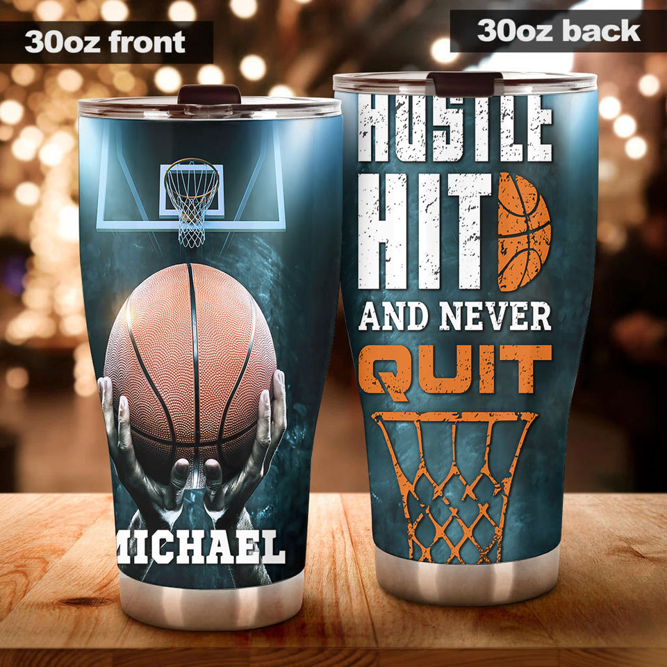 Camellia Persionalized 3D Basketball Hustle Hit And Never Quit Stainless Steel Tumbler - Customized Double - Walled Insulation Travel Thermal Cup With Lid Gift For Basketball Player