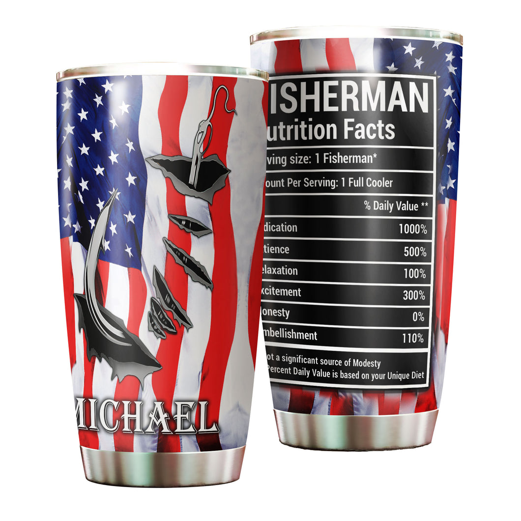 Camellia Personalized American Flag Fisherman Nutrition Fact Stainless Steel Tumbler - Customized Double-Walled Insulation Travel Thermal Cup With Lid