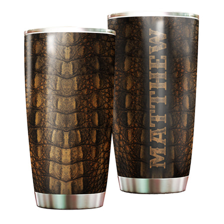 Camellia Persionalized Crocodile Leather Stainless Steel Tumbler - Customized Double - Walled Insulation Thermal Cup With Lid Gift For Baseball Player