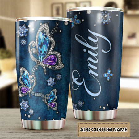 Camellia Personalized Butterfly Jewelry Style  Blue Stainless Steel Tumbler - Double-Walled Insulation Vacumm Flask - For Thanksgiving, Memorial Day, Christians, Christmas Gift
